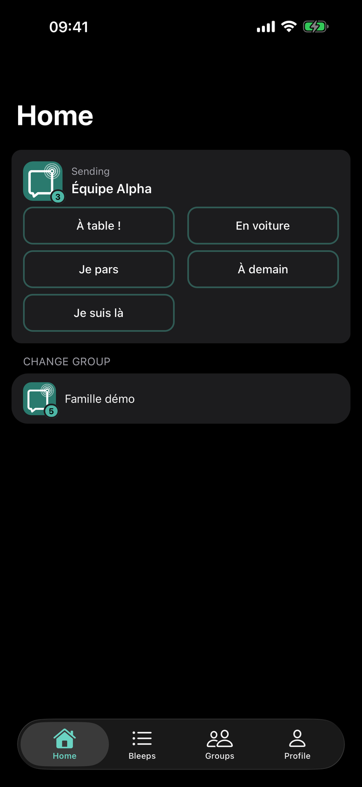 Bleepy home screen with quick message tiles